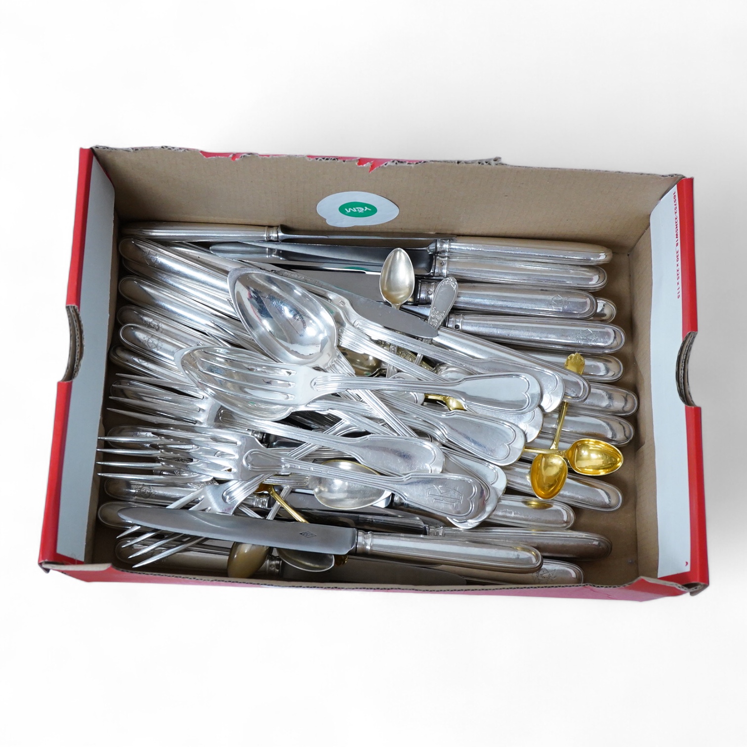 A set of eighteen early 20th century French 950 standard white metal handle steel table knives and thirteen dessert knives, by Emile Puiforcat, table knife 25.1cm, together with a small quantity of assorted plated flatwa